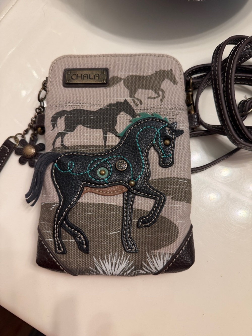 Chala Black & Taupe Horse Crossbody Phone Bag NWOT